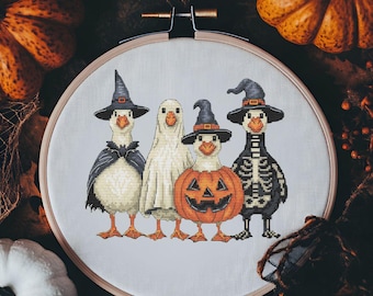 Halloween Goose cross stitch pattern, Scary Geese x-stitch, trick or treat Birds design digital