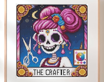 Patrón de punto de cruz de Sugar Skull Crafter, diseño en PDF de punto X del Día de los Muertos, esqueleto de costurera del Día de los Muertos en punto de cruz contado