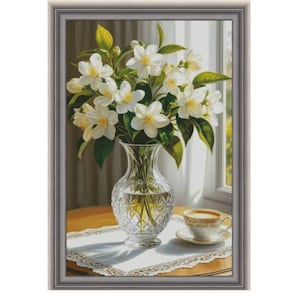 Jasmine Bouquet cross stitch, white flowers vase x-stitch, floral still life pattern