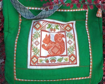 Squirrel cross stitch pattern, Forest animal x-stitch, autumn primitive sampler, simple orange geometric ornament