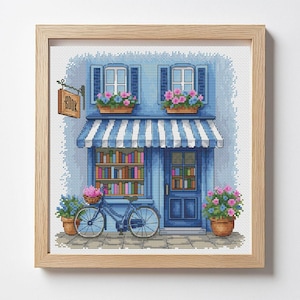 Bookshop cross stitch pattern, bookstore x-stitch design, street landscape PDF digital file