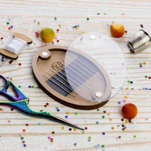 Oval nålhållare i plywood med magnetiskt lock, minimalistisk rektangulär nålhållare, korsstygnstillbehörsorganisatör, genomskinligt lock med magnet