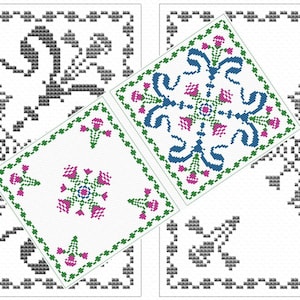 Biscornu cross stitch pattern, flower sampler easy design, floral simple x-stitch