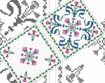 Biscornu cross stitch pattern, flower sampler easy design, floral simple x-stitch