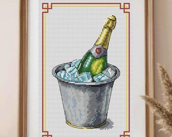 Champagne Bottle in bucket of ice cross stitch pattern, Festive drink x-stitch