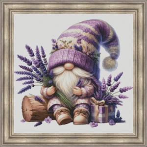 Dwarf with a lavender bouquet cross stitch pattern, Gnome stitching pattern, summer garden gnome in a purplehat PDF file, DIY wall decor