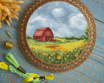 Granero rojo en el campo, patrón de punto de cruz de paisaje rural de verano, diseño redondo campestre en PDF