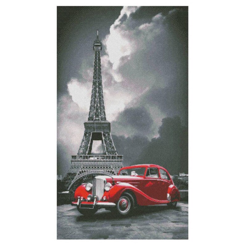 Vintage Red Car With the Eiffel Tower in the Background Crossstitch