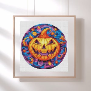 Pumpkin in a magic ball  cross-stitch pattern, Halloween pumpkins cross stitch, Halloween Crafts PDF file, Halloween modern x-stitch design