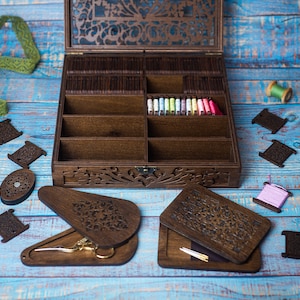 Wooden sewing organizer, Thread Storage, Embroidery box with spools, scissor case, needle case with magnets, box for needlework tools