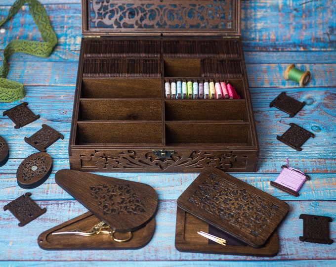 Wooden sewing organizer, Thread Storage, Embroidery box with spools, scissor case, needle case with magnets, box for needlework tools
