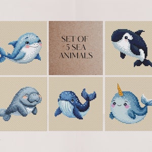 Sea animals Set of 5 designs cross stitch pattern, Shark, Orca, Manatee, Narwhal, Blue Whale bundle x-stitch design digital