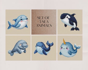 Meerestiere Set von 5 Designs Kreuzstichmuster, Hai, Narwal, Narwal, Seekuh, Blauwal x-stitch Design digital