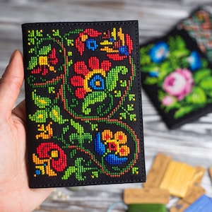 Faux leather passport cover with embroidery design DIY kit, Cross stitch kit for making passport holder, Needlework kit