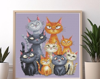 Cat Family Cross Stitch Pattern, Funny Cats X-stitch Design - Etsy