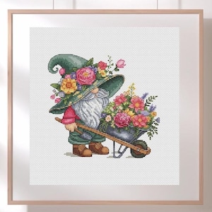 Gnome gardener cross stitch pattern, gnome with flowers x-stitch pdf, summer floral design, small cute dwarf counted cross stitch