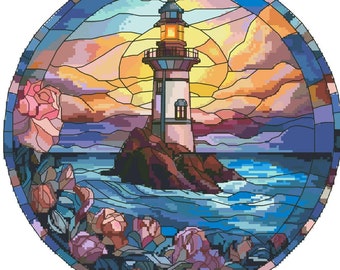 Lighthouse cross stitch pattern, evening seascape counted x-stitch design, round nautical motif in stained glass style modern cross stitch