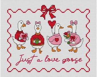Patrón de punto de cruz de ganso de San Valentín, divertido pájaro del amor en PDF, lindo gráfico navideño