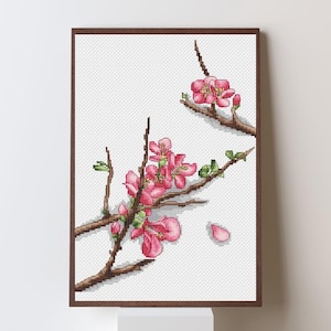 Kreuzstichmuster mit japanischer Quitte, Sakura Kreuzstich, blühender Zweig botanisches Design
