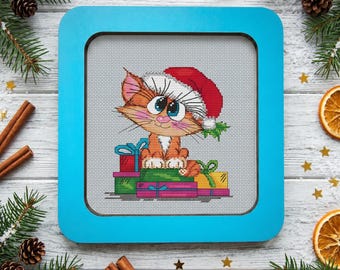 Kitten Christmas Cross Stitch Pattern, Holiday PDF Chart for Cat Lovers