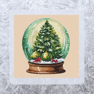 Christmas tree cross stitch pattern, winter snow globe embroidery design, counted cross stitch