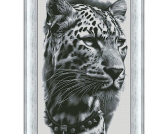 Leopard cross stitch pattern, Wild cat portrait monochrome x-stitch design