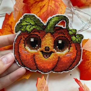 Happy pumpkin with brown eyes cross-stitch pattern, Halloween pumpkin smile x-stitch design, DIY wall decor, Halloween Crafts PDF Digital