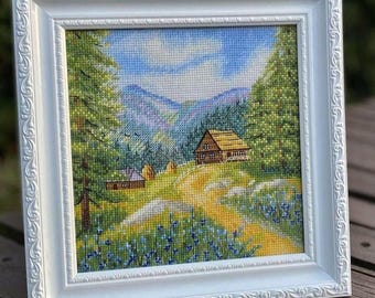 Summer forest house cross stitch pattern, Carpathian mountain landscape x-stitch, 4 seasons design