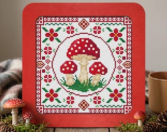 Kruissteekpatroon vliegenzwam, rode paddestoelen sampler x-steek, eenvoudig ontwerp Witchy Fungi