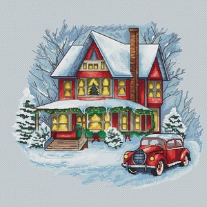 Winter house cross-stitch pattern, Christmas cottage embroidery design, PDF digital file