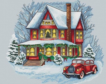 May include: A red house with white trim and snow on the roof sits on a snowy street. The house has a porch with a wreath on the door and a Christmas tree in the window. A red car is parked in front of the house.