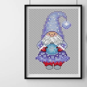Christmas gnome Cross Stitch Pattern, Xmas tree toy small x-stitch, winter gnome with Xmas ball PDF, plastic canvas Design