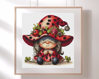 Ladybug gnome cross stitch pattern, ladybird girl design, cute nursery x-stitch, instant download PDF