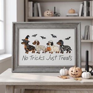 May include: A framed cross-stitch embroidery featuring four dachshunds in Halloween costumes: a witch, a mummy, a ghost holding a pumpkin bucket, and a skeleton. Above the dogs are four black bats. The text reads No Tricks Just Treats.