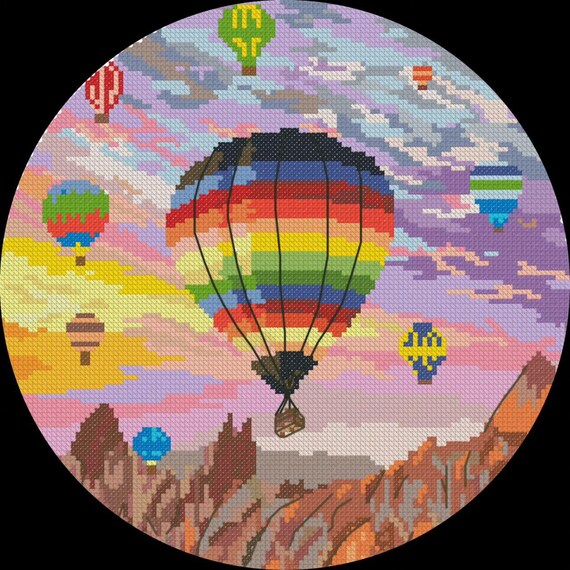 Hot Air Baloons Cross Stitch Pattern, Rainbow Balloons X-stitch