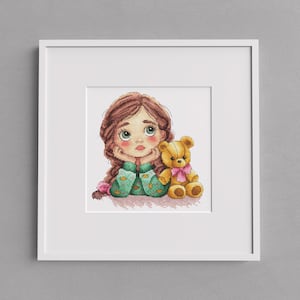 Girl with a teddy bear cross stitch pattern, girl with pigtails x-stitch pdf, kids room design, modern counted cross stitch