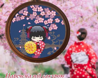 Geisha Cross Stitch Pattern, Japanese Girl & Cherry Blossom