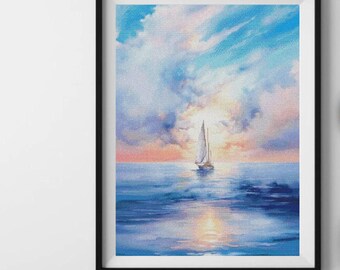 White sailboat cross stitch pattern, seascape x-stitch design, sea counted cross stitch