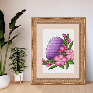 Purple Easter Egg & magnolia flowers cross stitch pattern, Easter DIY wall decor, Easter gift modern x-stitch