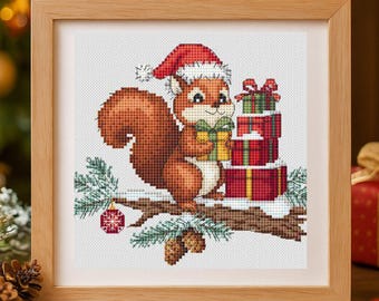 Patrón de punto de cruz de ardilla navideña con regalos, decoración navideña de invierno para el hogar (hazlo tú mismo), archivos digitales PDF de regalos navideños, postal navideña de punto de cruz
