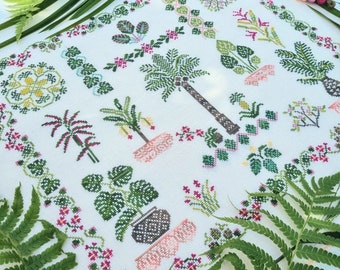 Tropic sampler cross stitch pattern, monstera, palms & pineapples needlework kit, x-stitch craft, DIY wall decor