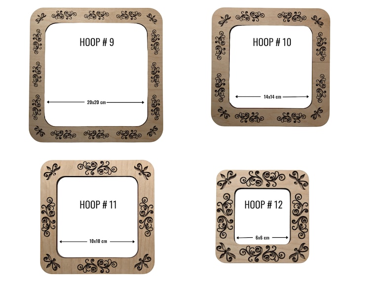 May include: Four wooden embroidery hoops with decorative designs. The hoops are labelled with numbers and measurements in centimetres: Hoop #9 - 20x20 cm, Hoop #10 - 14x14 cm, Hoop #11 - 10x10 cm, Hoop #12 - 6x6 cm.