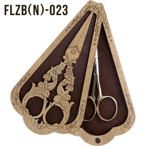 May include: A wooden scissor case with a floral design and a pair of gold scissors inside. The case is open and the scissors are visible. The case is labeled "FLZB(N)-023".