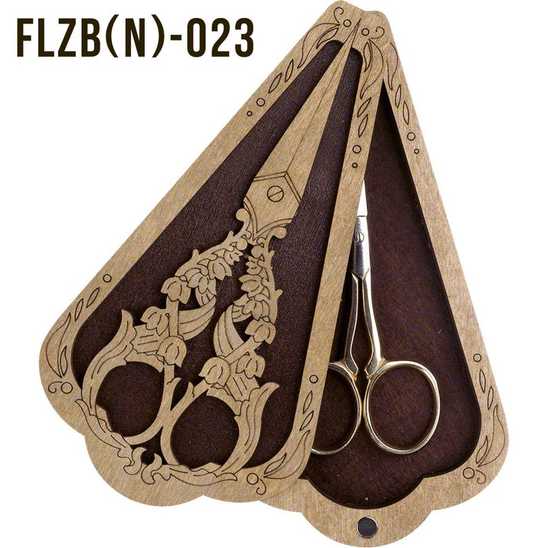May include: A wooden scissor case with a floral design and a pair of gold scissors inside. The case is open and the scissors are visible. The case is labeled "FLZB(N)-023".