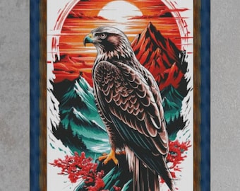 Schema per punto croce con aquila, uccello su ramo, alba in montagna, paesaggio naturale in formato PDF digitale