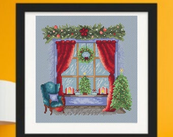 Christmas Eve cross-stitch pattern, Xmas tree needlework embroidery design, PDF digital file
