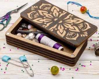 Knitting tapestry needles organizer, Needle and thread storage, Plywood etui for sewing accessories, container with lid,