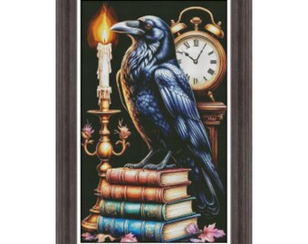 May include: Framed artwork featuring a detailed illustration of a black raven perched atop a stack of books. A lit candle in a golden candelabra and a vintage clock are in the background. The artwork has a dark, gothic aesthetic.