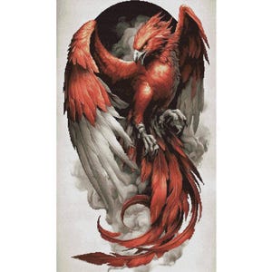 May include: A cross-stitch design of a phoenix with red and white feathers, set against a dark background. The bird is depicted with its wings spread, and its tail feathers are curled. The artwork is detailed and vibrant.
