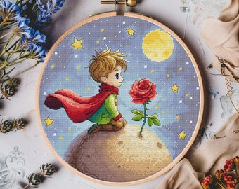 ヨーロッパ式刺繍絵タペストリー: The Little Pianist Llittle Prince and the Rose Cross Stitch Pattern, Boy on a Small